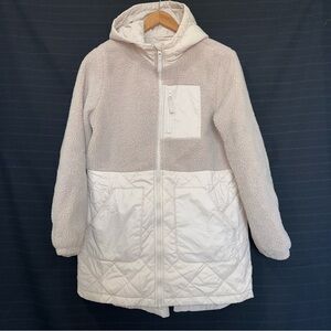 Lands End Sherpa Fleece Quilted Mixed Media Parka Hooded Jacket Tan Beige XS